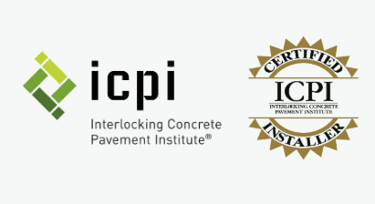 Logo of Interlocking Concrete Pavement Institute with a green geometric design beside a gold seal indicating "Certified ICPI Installer.
