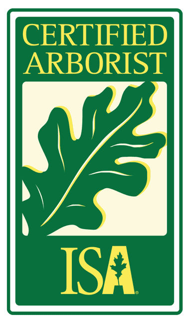Green and yellow logo with the text "Certified Arborist" and "ISA," featuring a leaf graphic.