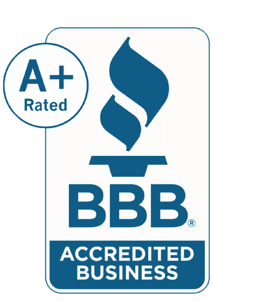 Blue BBB Accredited Business badge with "A+ Rated" in a circle, featuring the Better Business Bureau logo.