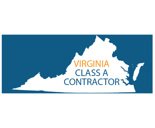 Outline of Virginia with the text "Virginia Class A Contractor" inside, on a blue background.